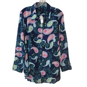 Talbots Plus Blouse Women's 1X Blue Paisley Button Front Long Sleeve New